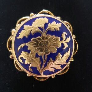 Vintage Goldtone Scalloped Edge Floral Cobalt Blue Enamel Button Brooch